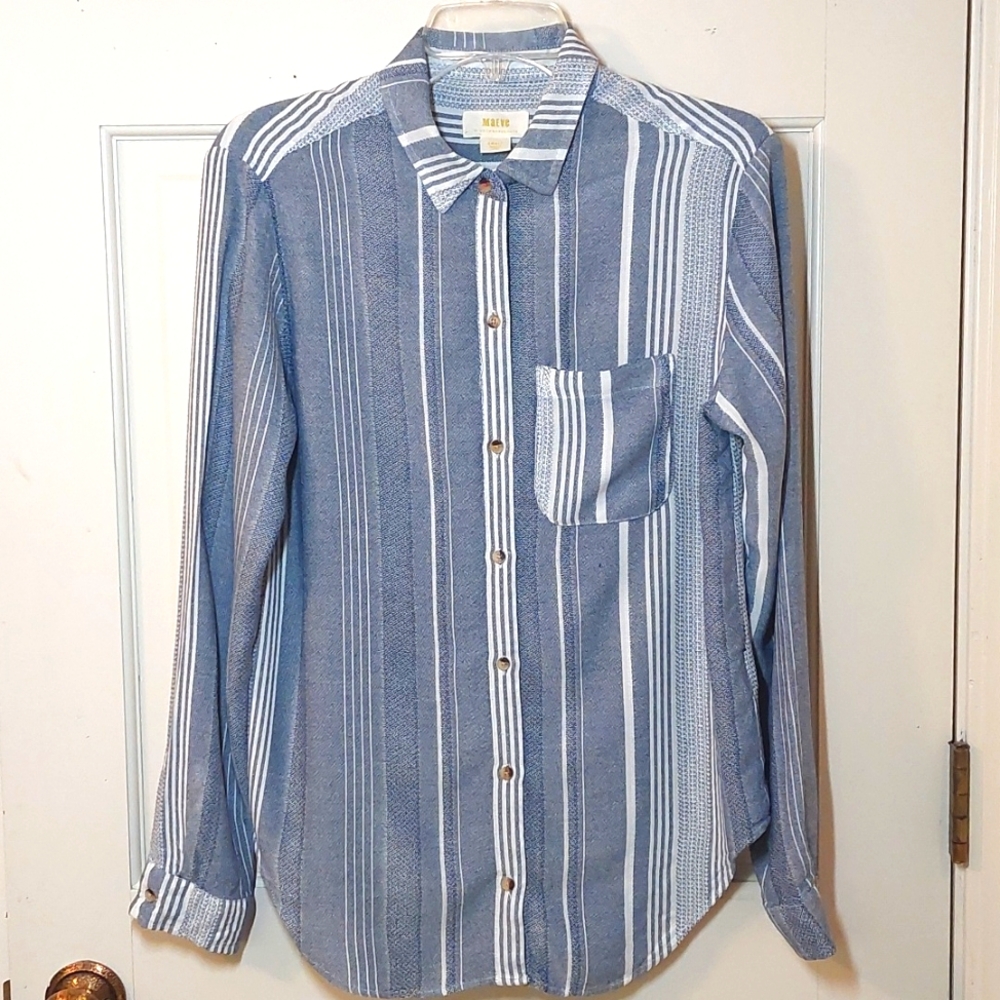 Anthropologie Maeve Blue and White Striped Textured Shirt, Size S